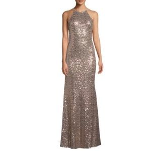 Badgley Mischka Sequined Halter-Neck Evening Gown